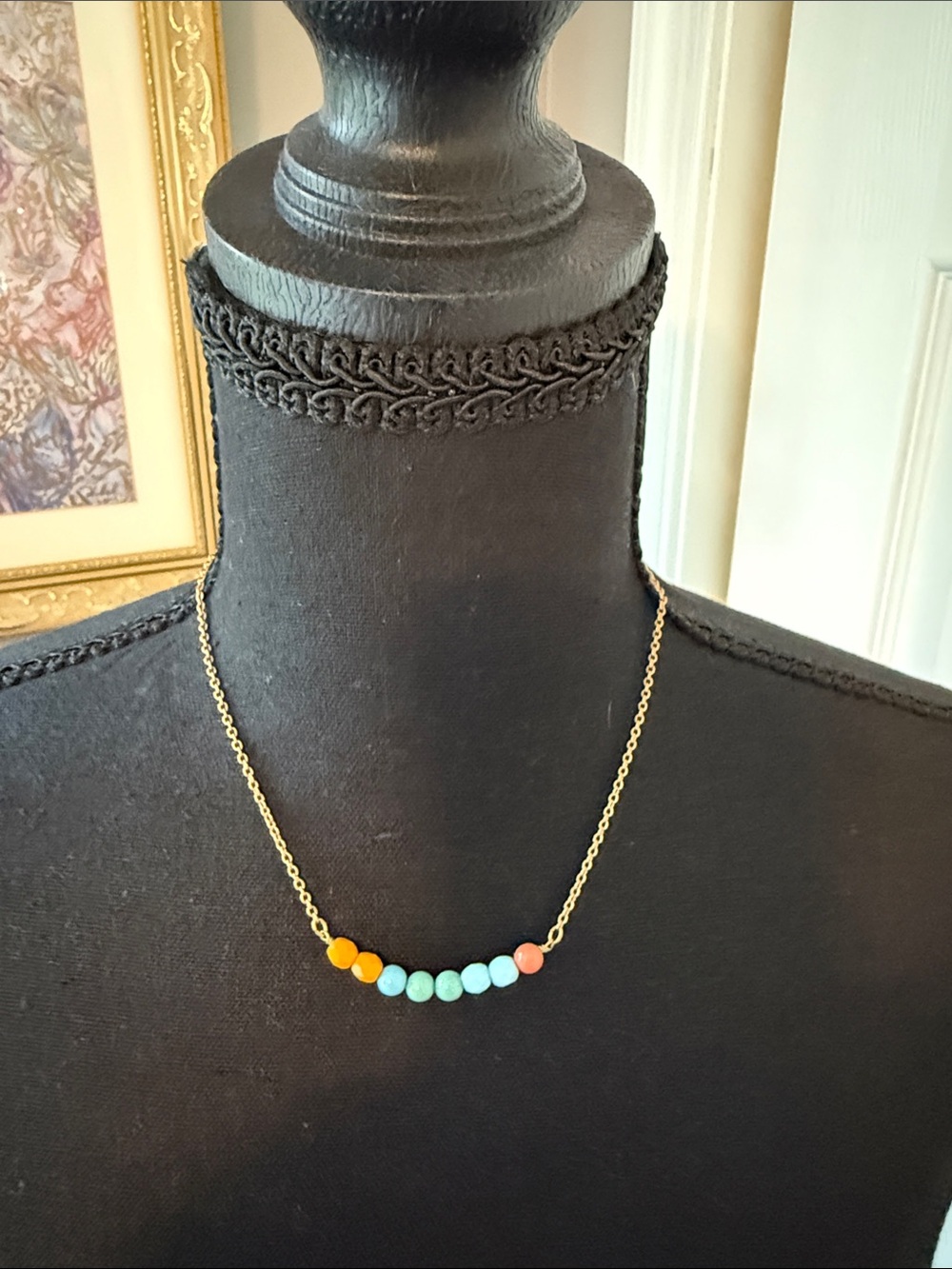 Gold-Tone Chain Necklace with Turquoise, Orange & Coral Beads